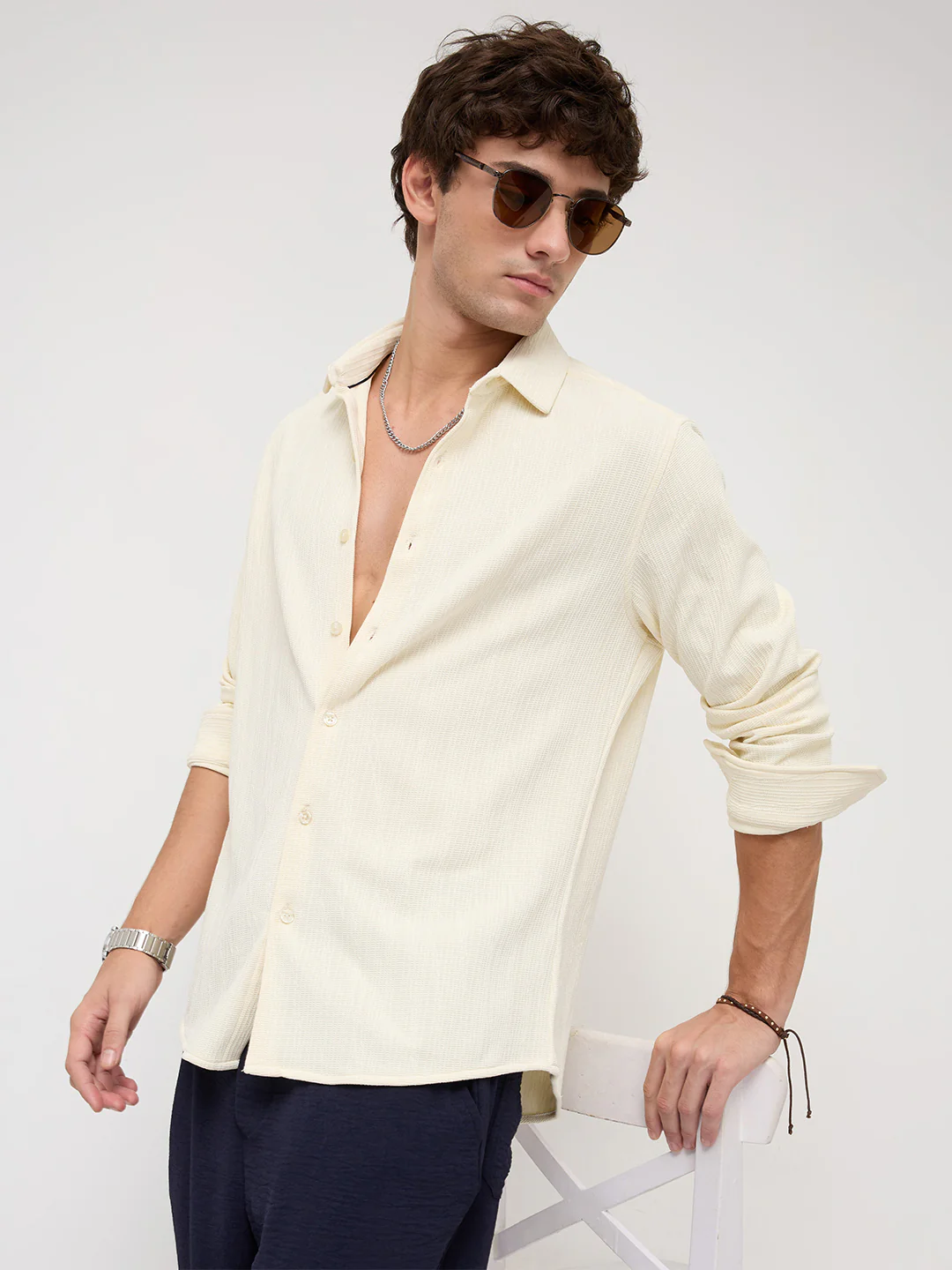 Cream Matrix Weave Knitted Shirt - Image 2