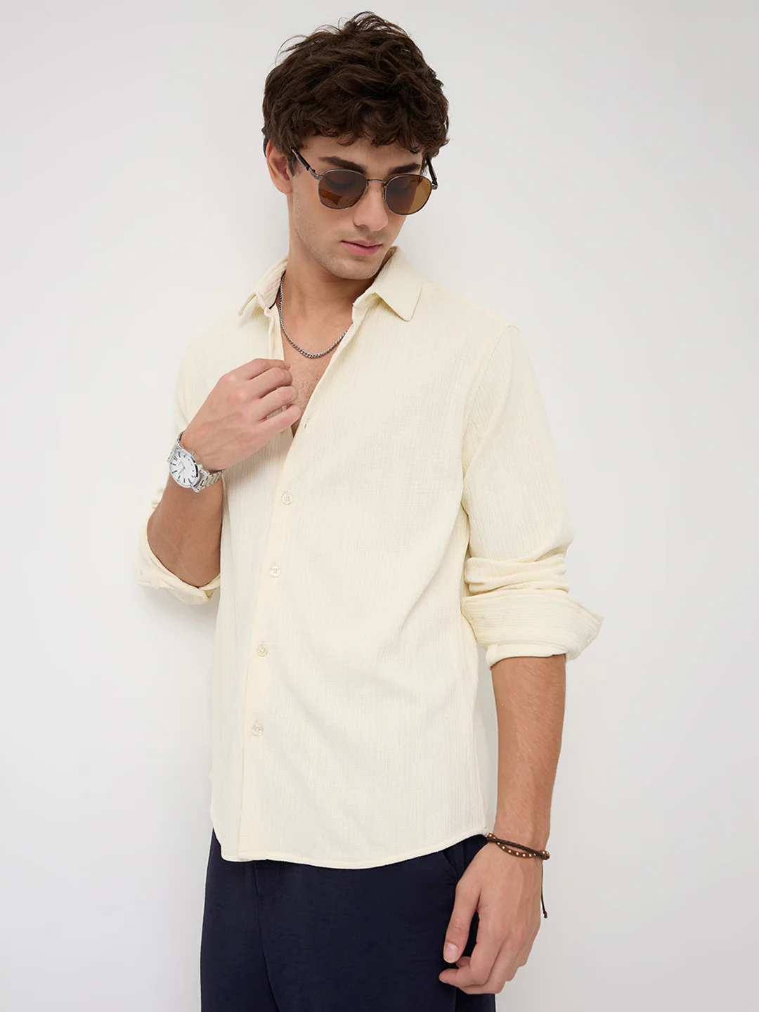 Cream Matrix Weave Knitted Shirt - Image 6