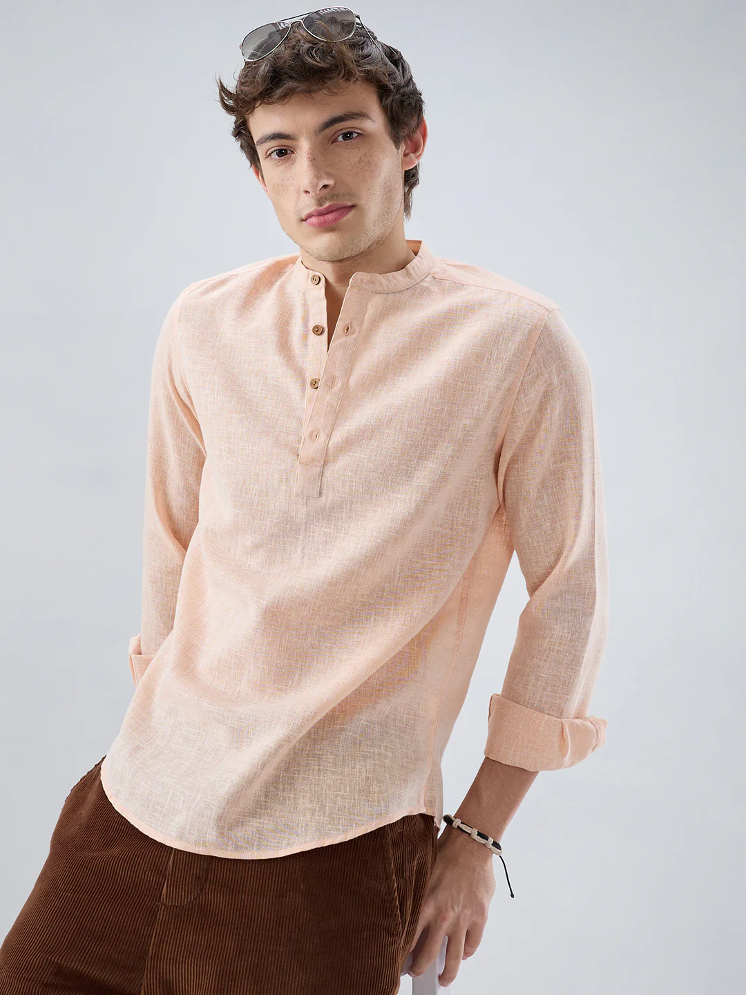 Creamy Peach Slub Textured Kurta - Image 2