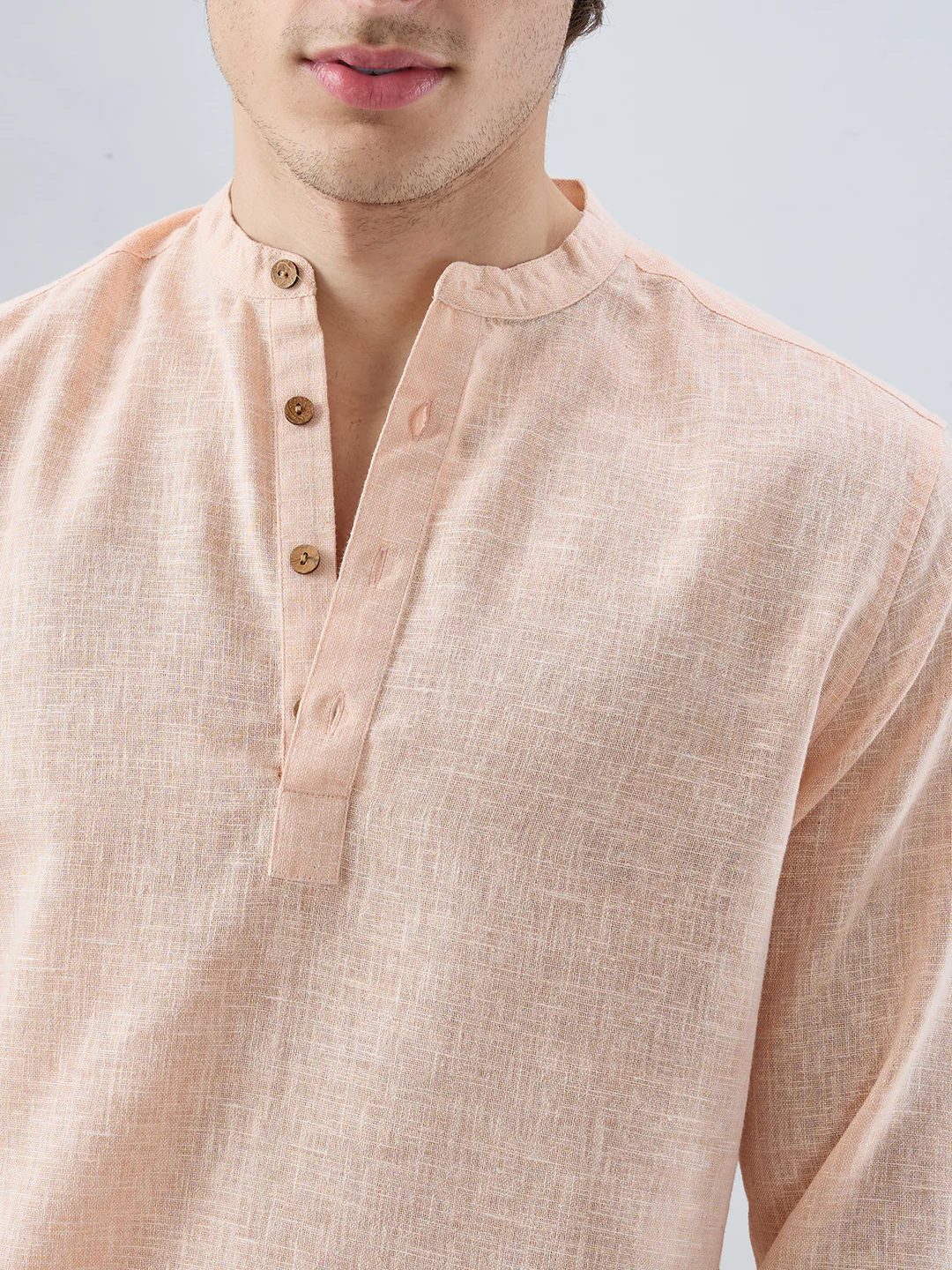 Creamy Peach Slub Textured Kurta - Image 3