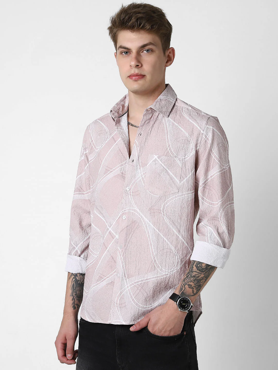 Creased Almond Beige Abstract Printed Shirt - Image 6