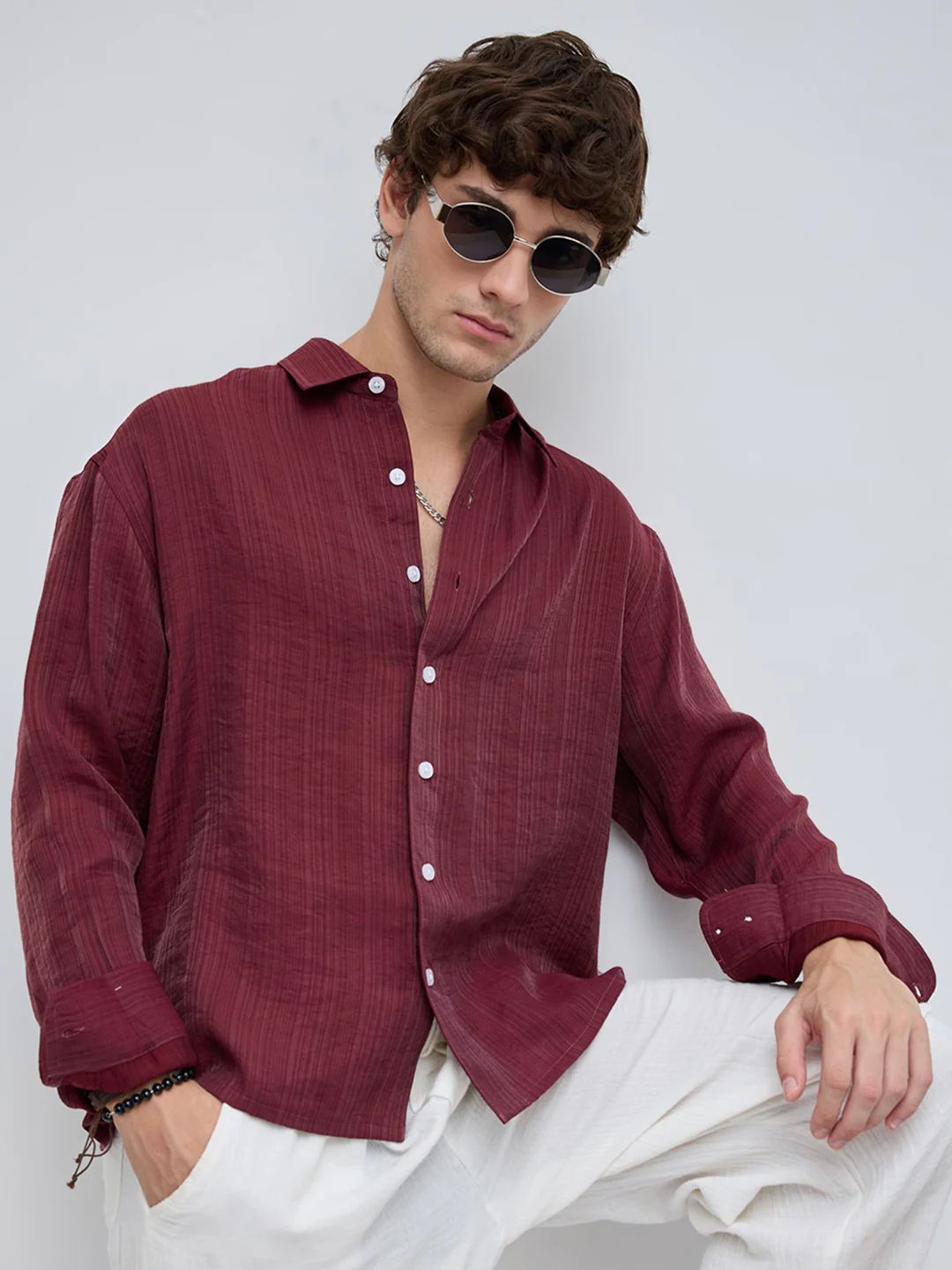 Crimpson Red Pin Striped Boxy Fit Crop shirt - Image 2