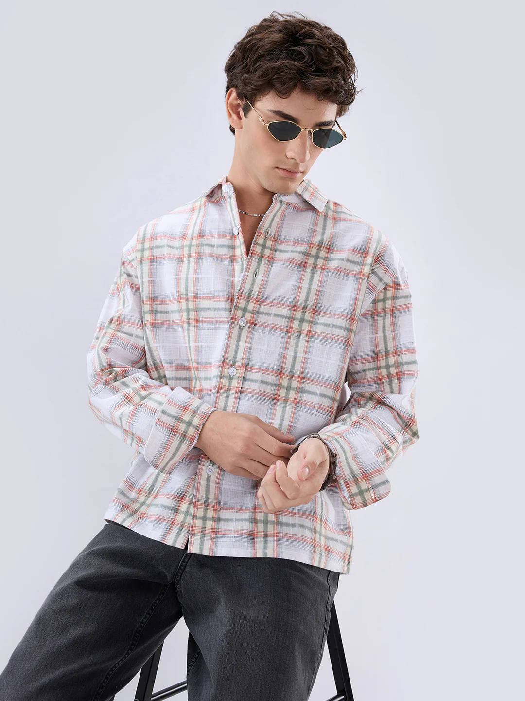 Crimson Thread Plaid Textured Checks Boxy Fit Crop Shirt - Image 2