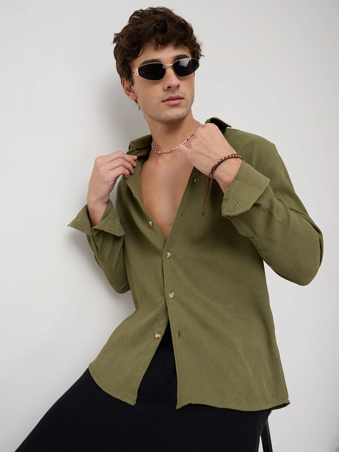 Crushed Olive Textured Crepe Shirt - Image 2