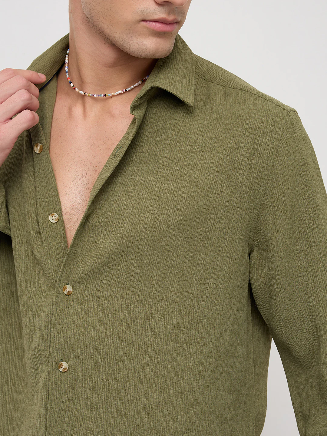 Crushed Olive Textured Crepe Shirt - Image 3