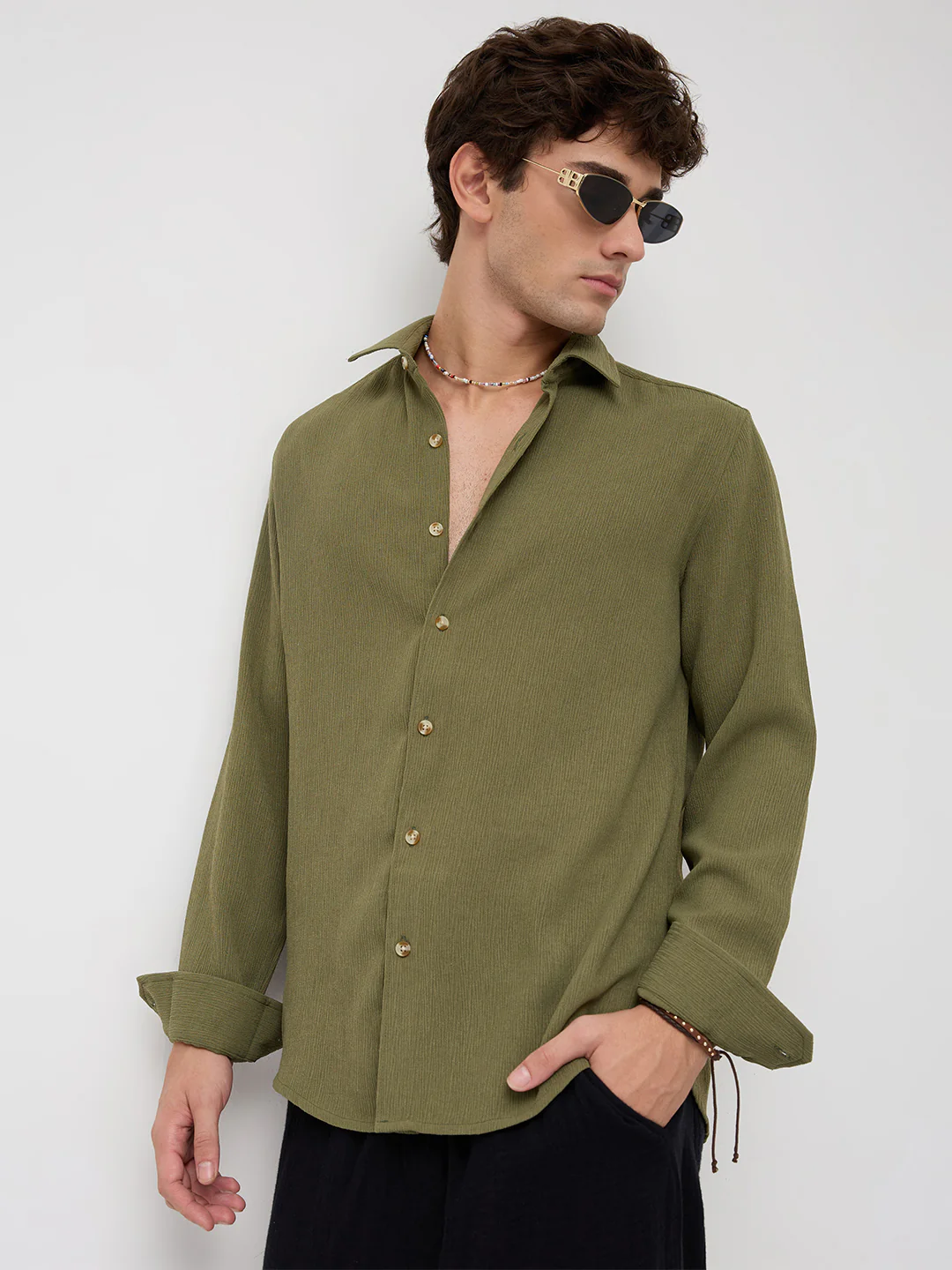 Crushed Olive Textured Crepe Shirt - Image 4