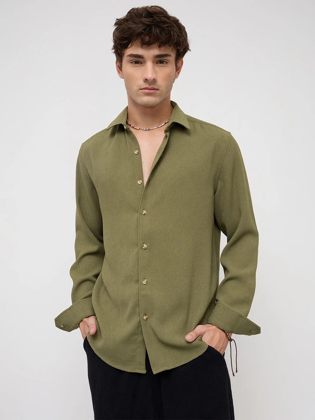 Crushed Olive Textured Crepe Shirt - Image 5