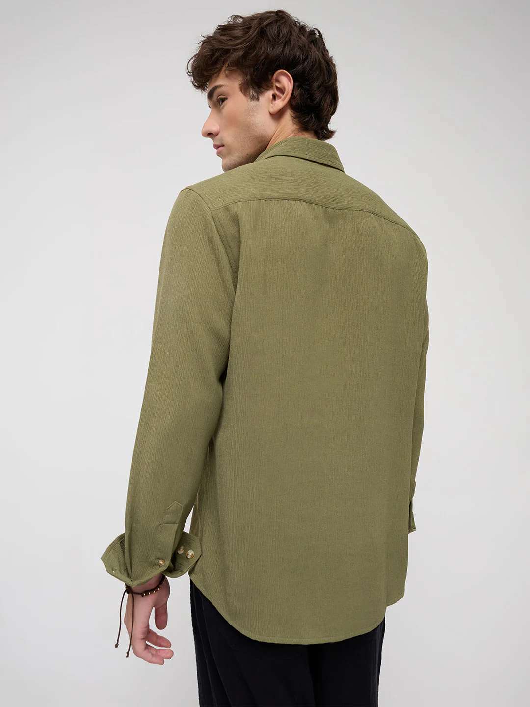Crushed Olive Textured Crepe Shirt - Image 7