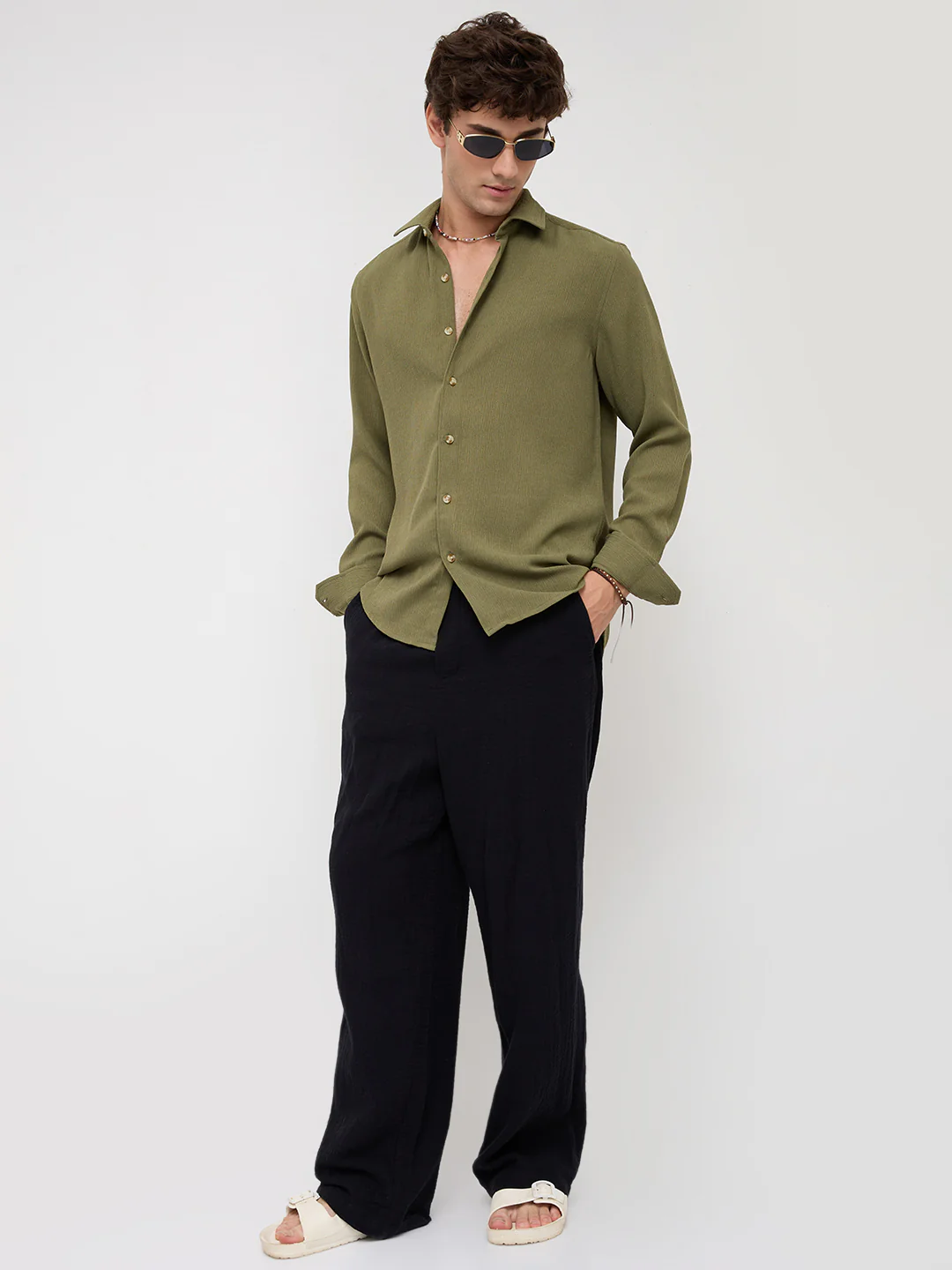 Crushed Olive Textured Crepe Shirt - Image 8