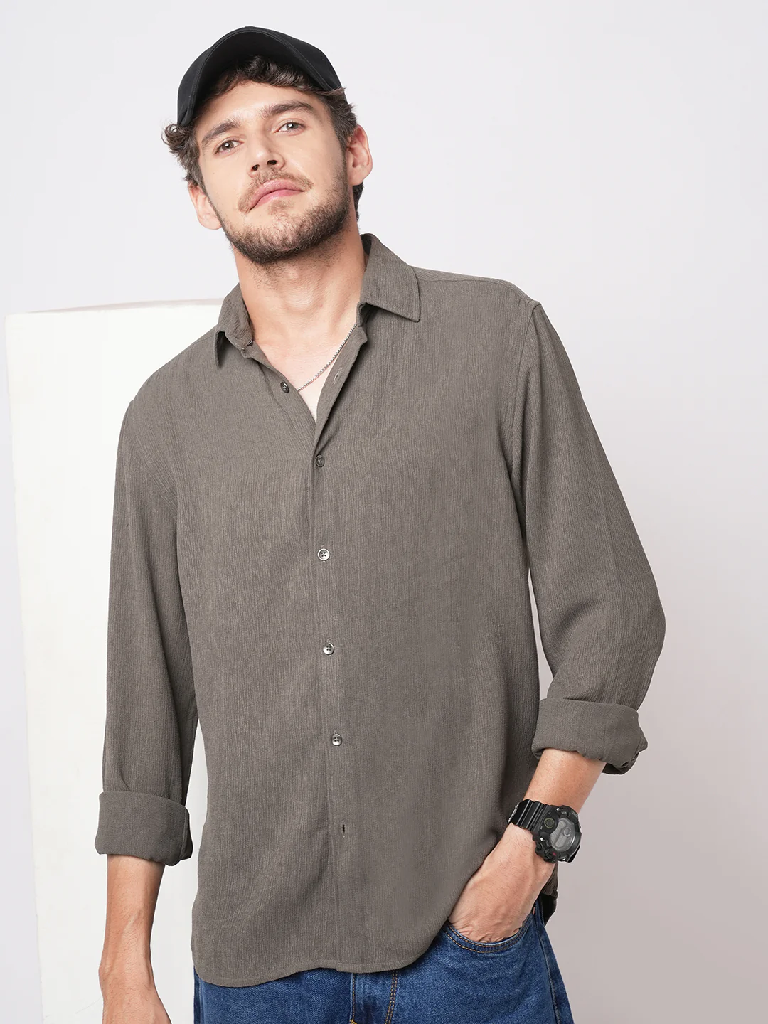 Crushed Warm Grey Crepe Shirt