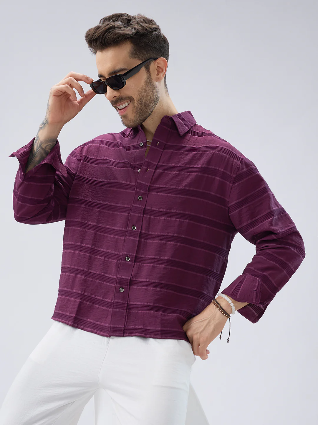 Crushed Wine Textured Oversized Boxy Fit Crop Shirt