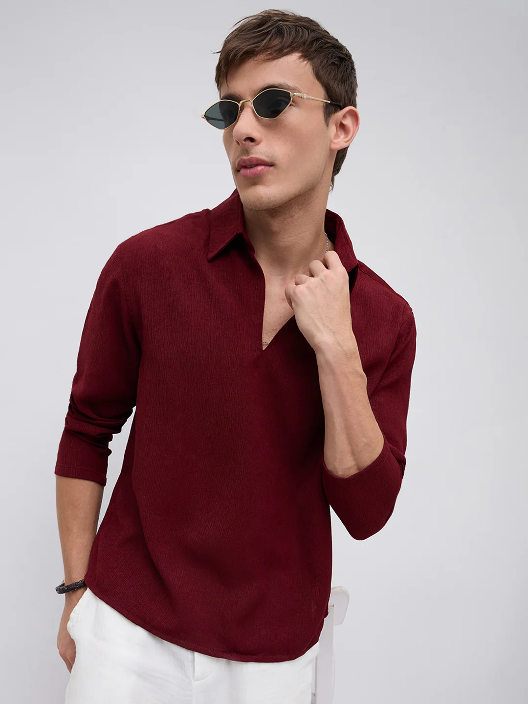 Currant Red Crepe Oversized Polo Shirt - Image 4