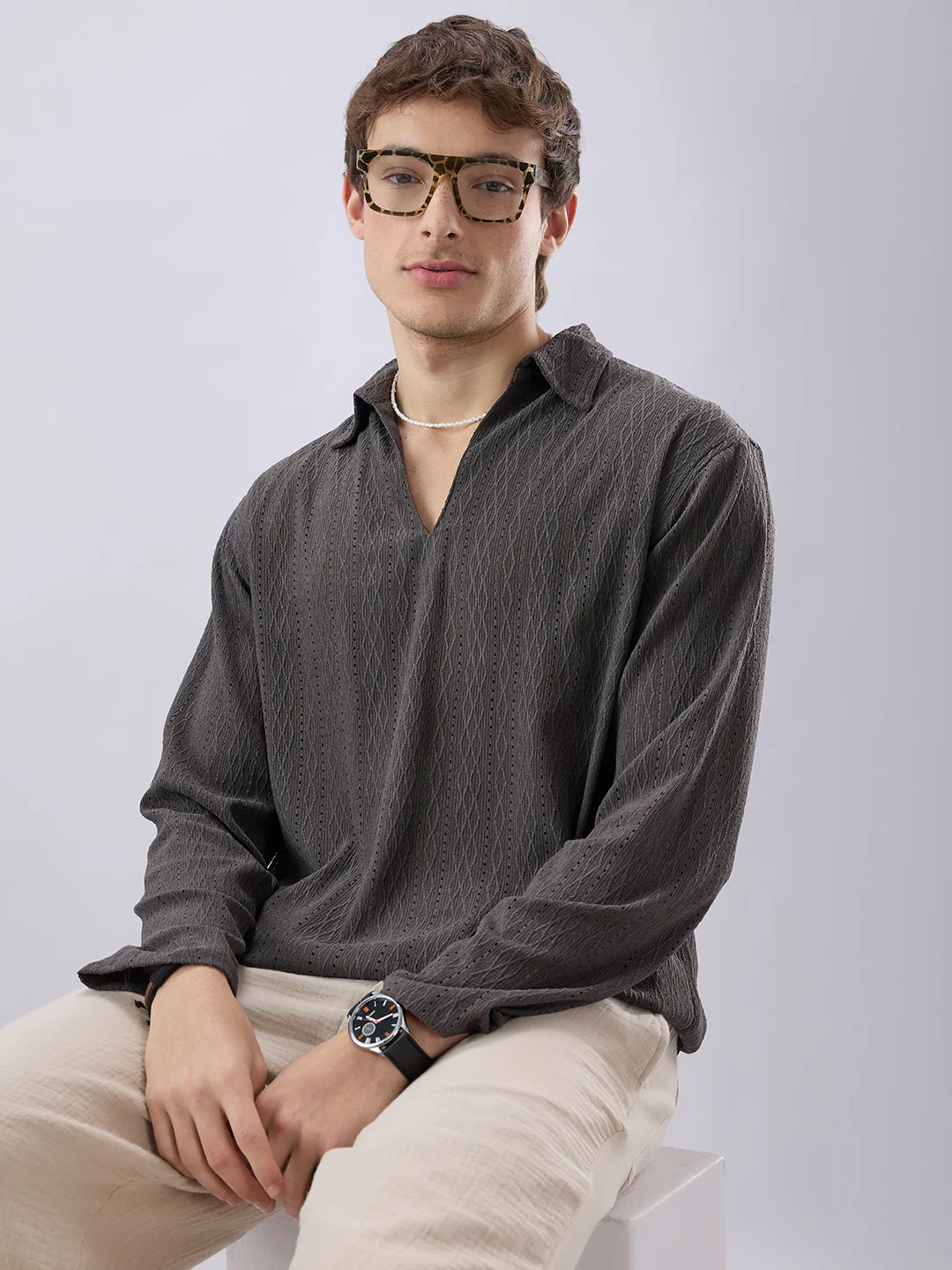 Dark Grey Textured Crochet Polo Oversized Shirt - Image 2