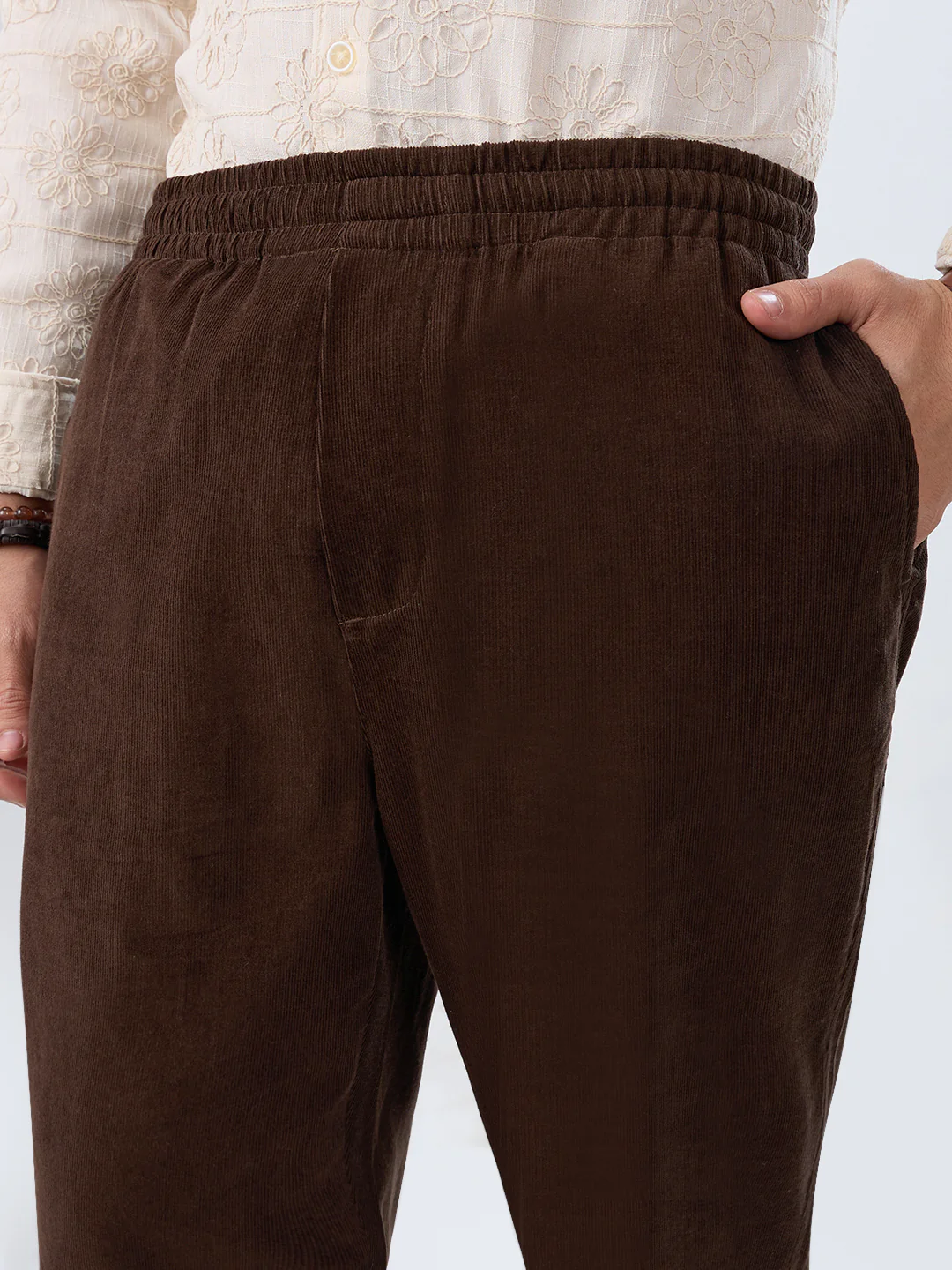 Dark Mocha Brown Corduroy Tapered Trousers - Image 3