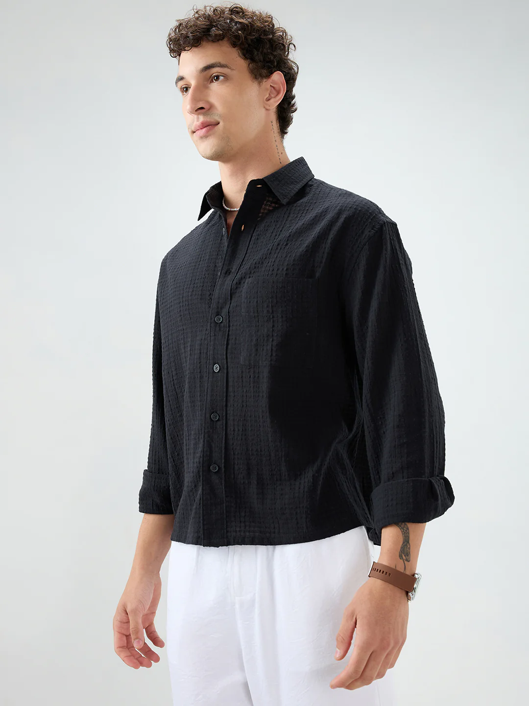 Deep Black Grid Jacquard Weave Boxy Fit Crop Shirt - Image 6