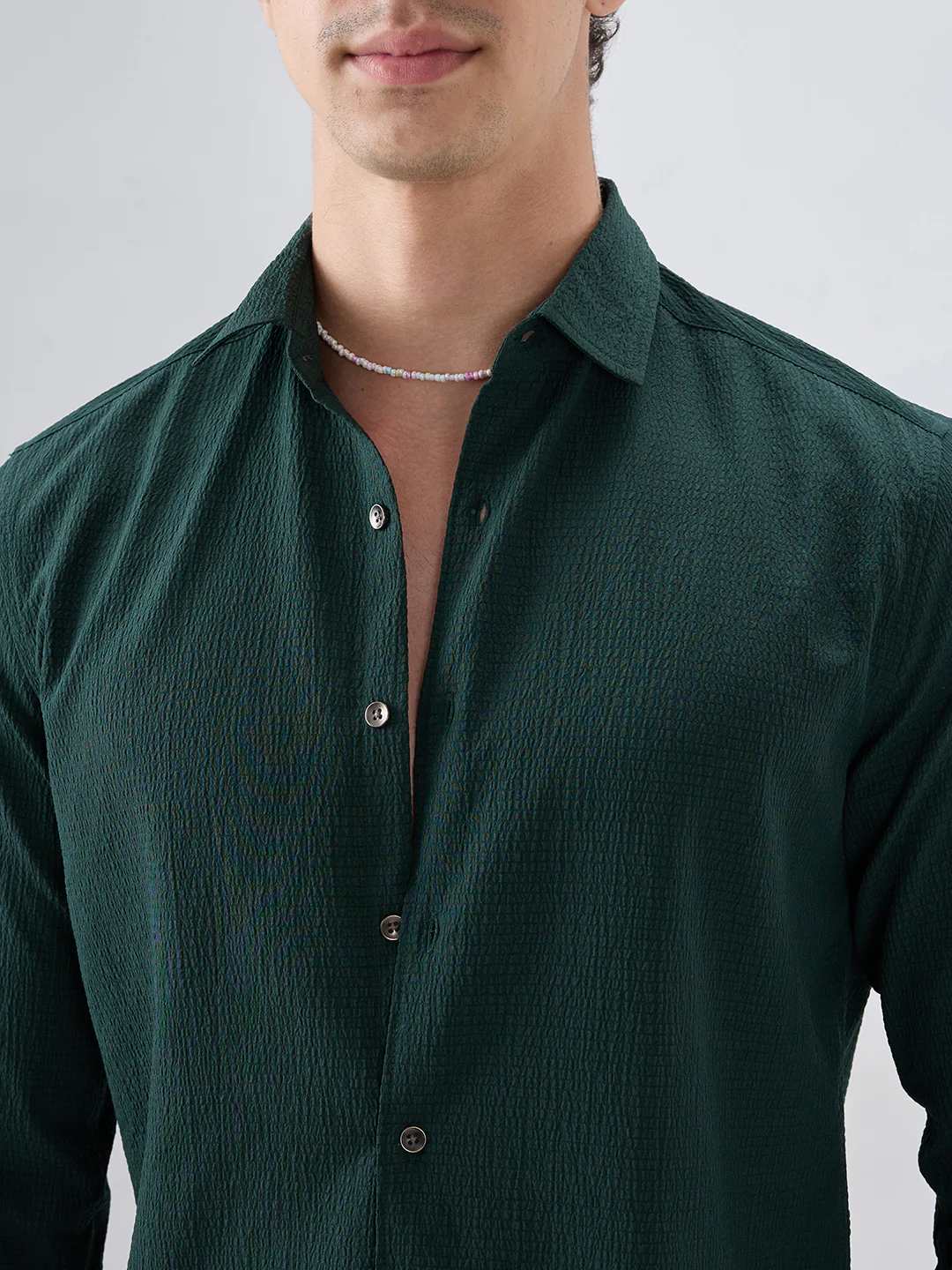 Deep Forest Green Minimal Weave Crinkled Shirt - Image 3