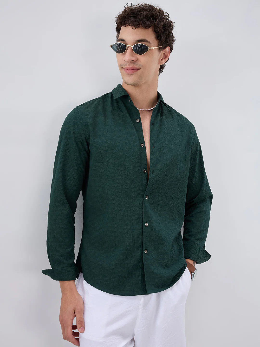 Deep Forest Green Minimal Weave Crinkled Shirt - Image 4