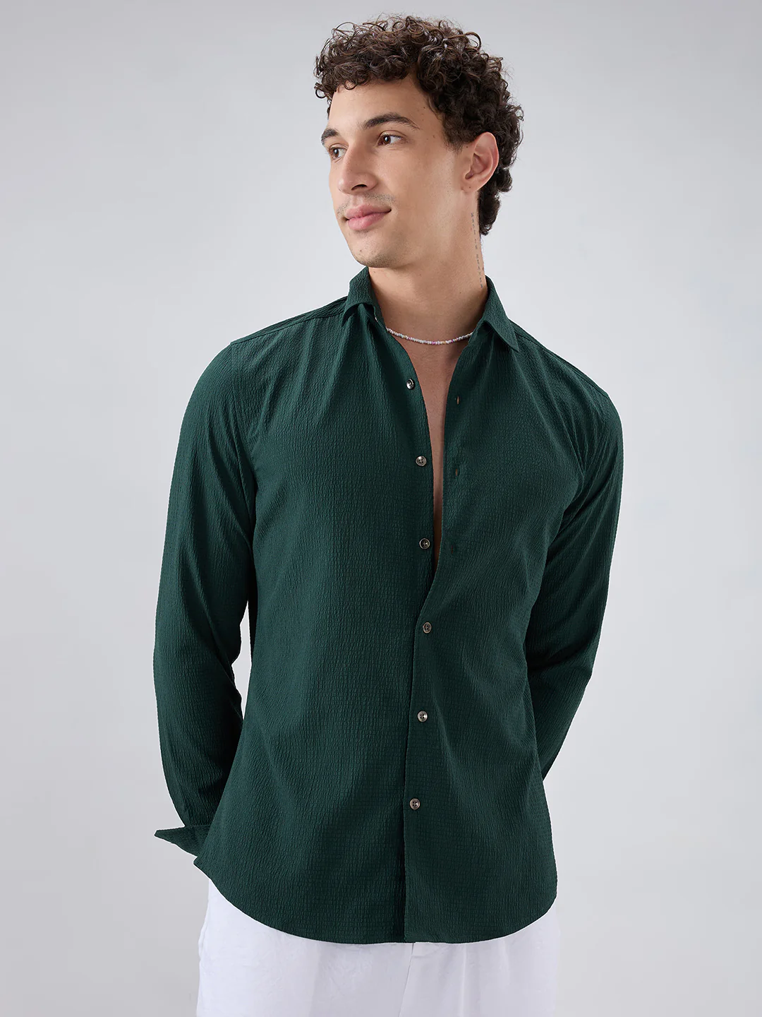 Deep Forest Green Minimal Weave Crinkled Shirt - Image 5