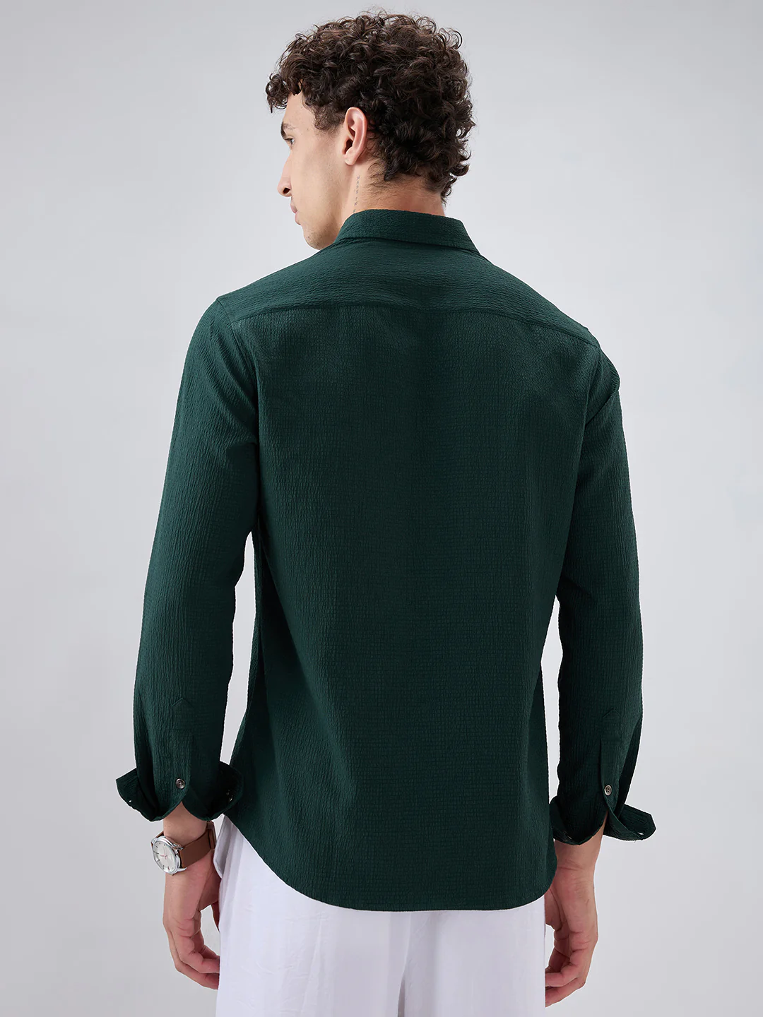 Deep Forest Green Minimal Weave Crinkled Shirt - Image 7