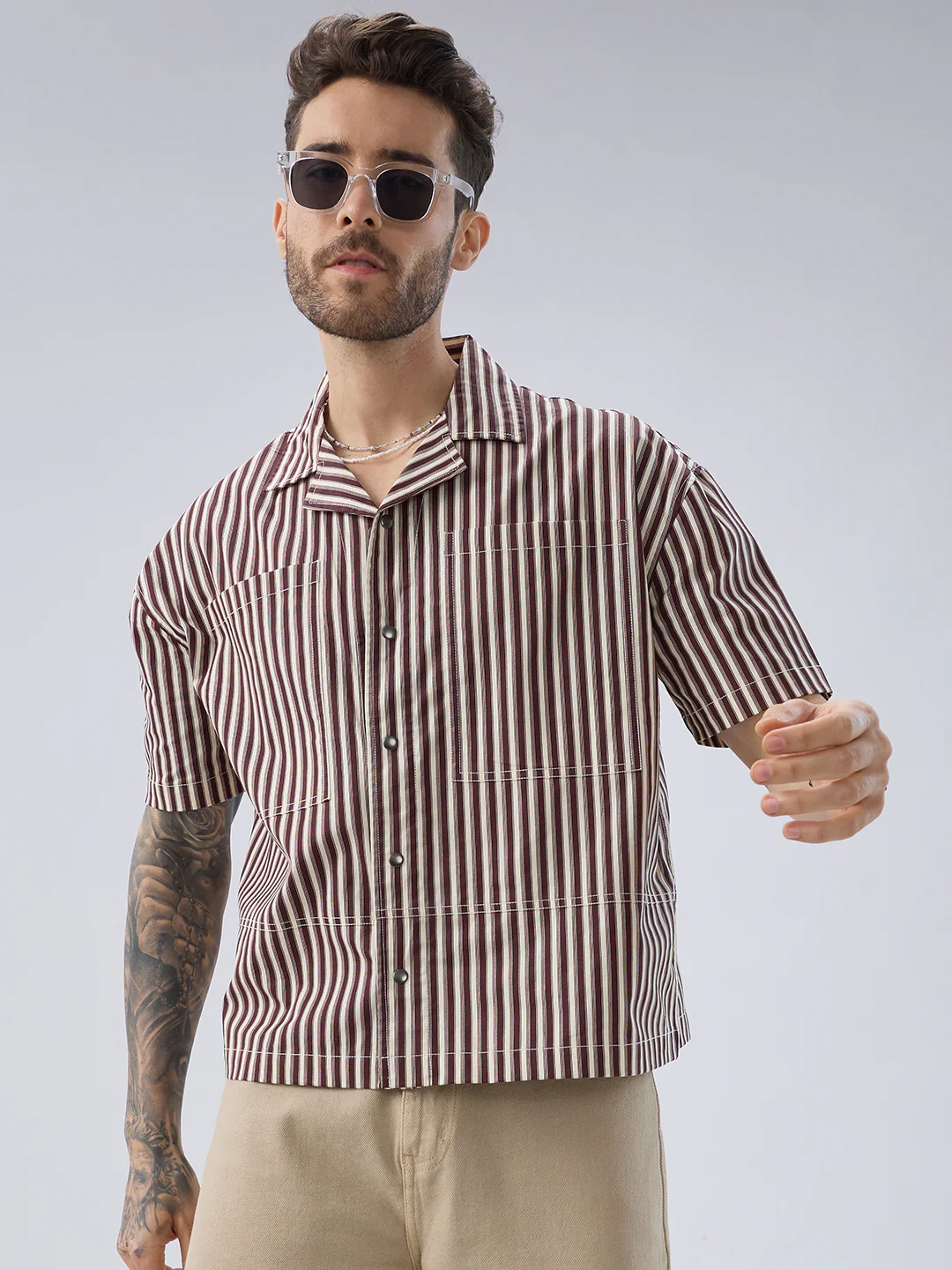 Deep Maroon & Ivory Striped Twin Pocket Oversized Crop Shirt - Image 2