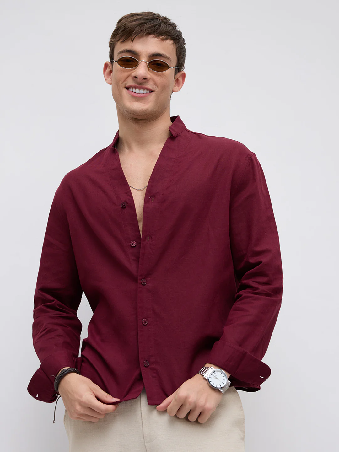 Deep Maroon Linen Blend Stand Collar Oversized Shirt
