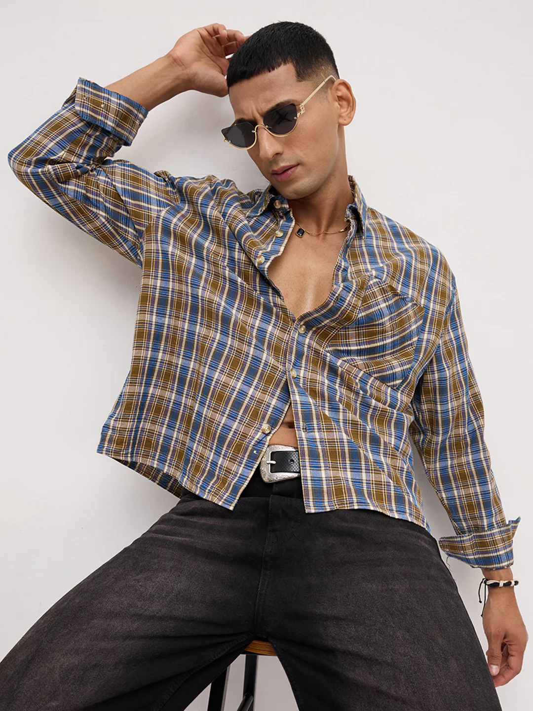 Denim Blue & Olive Checks Linen Blend Boxy Fit Crop Shirt