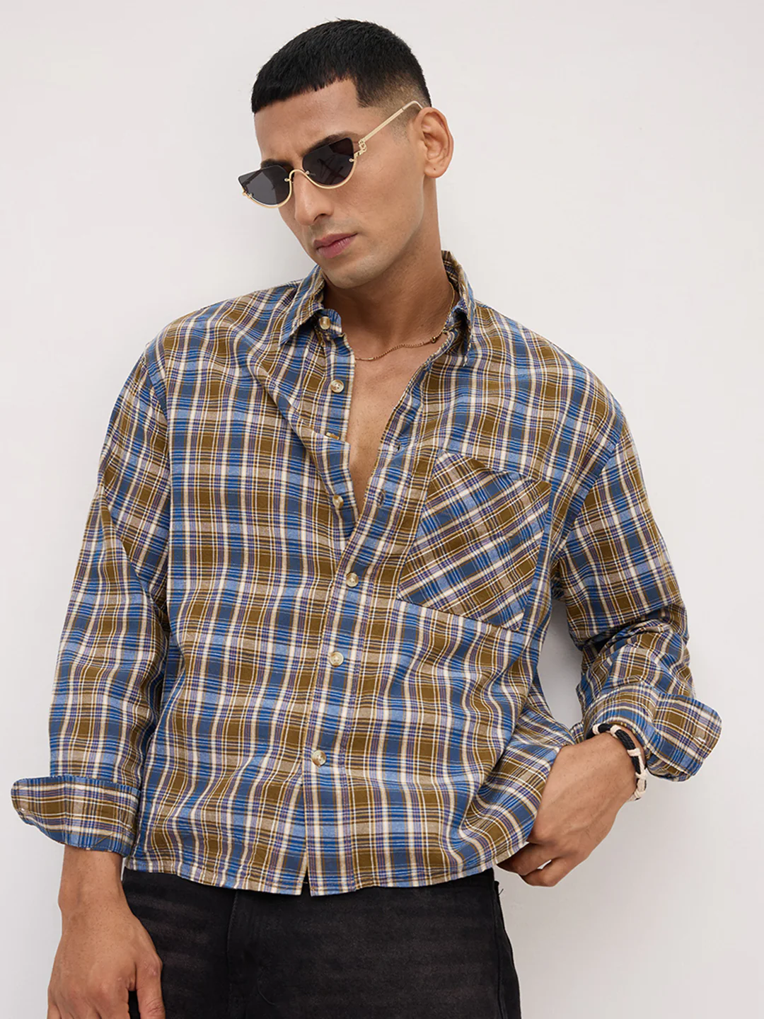 Denim Blue & Olive Checks Linen Blend Boxy Fit Crop Shirt - Image 2