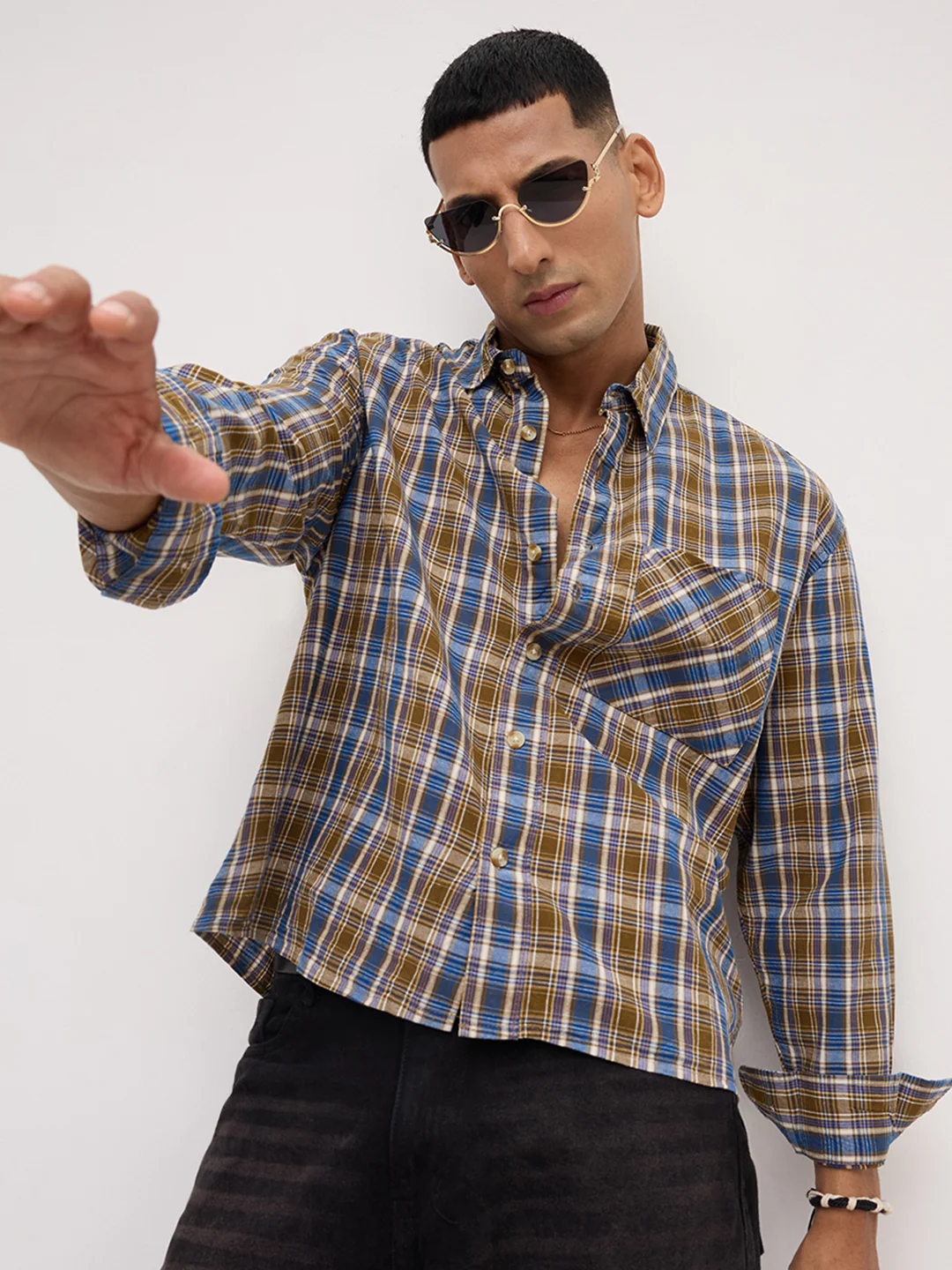 Denim Blue & Olive Checks Linen Blend Boxy Fit Crop Shirt - Image 4