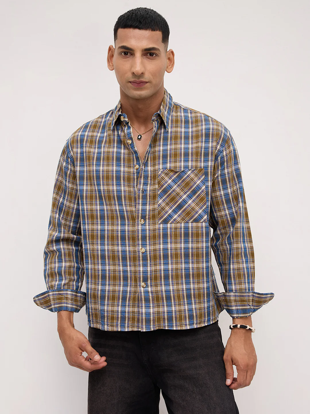 Denim Blue & Olive Checks Linen Blend Boxy Fit Crop Shirt - Image 5