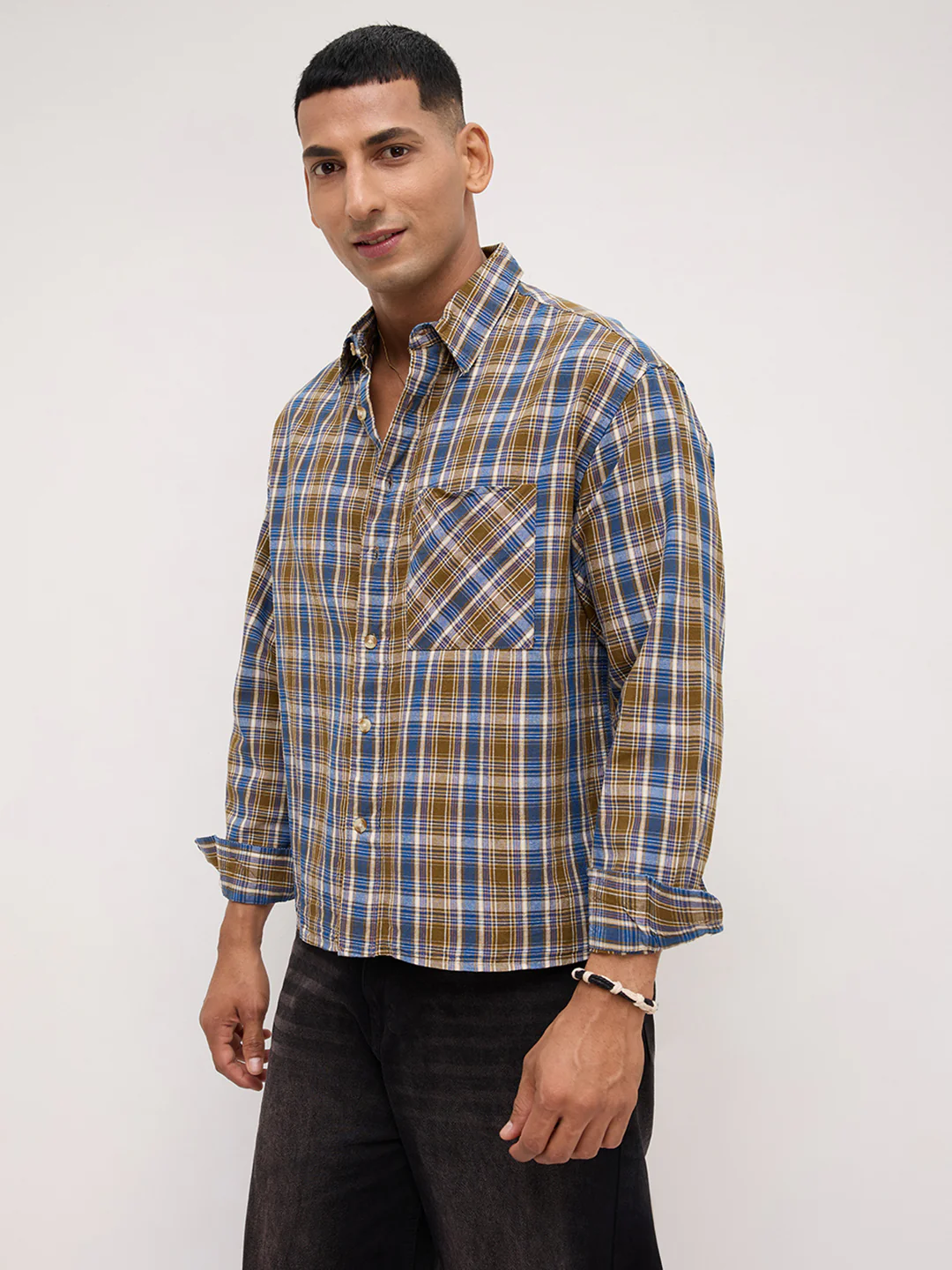 Denim Blue & Olive Checks Linen Blend Boxy Fit Crop Shirt - Image 6