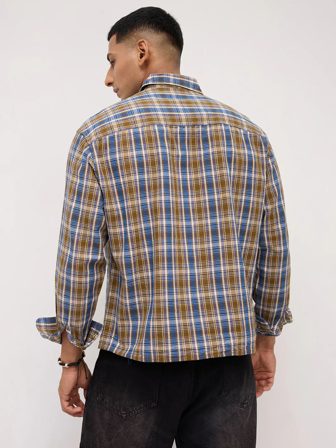 Denim Blue & Olive Checks Linen Blend Boxy Fit Crop Shirt - Image 7