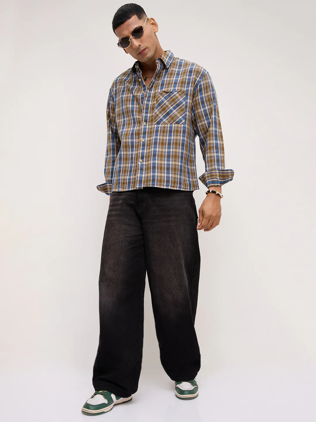 Denim Blue & Olive Checks Linen Blend Boxy Fit Crop Shirt - Image 8