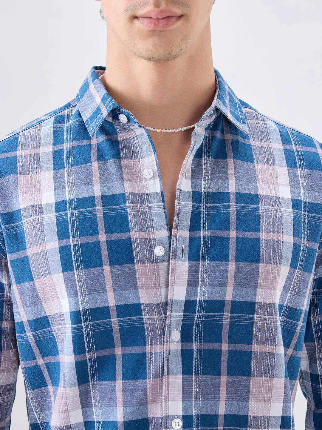 Denim Blue & Peach Multi Line Block Checks Shirt - Image 3