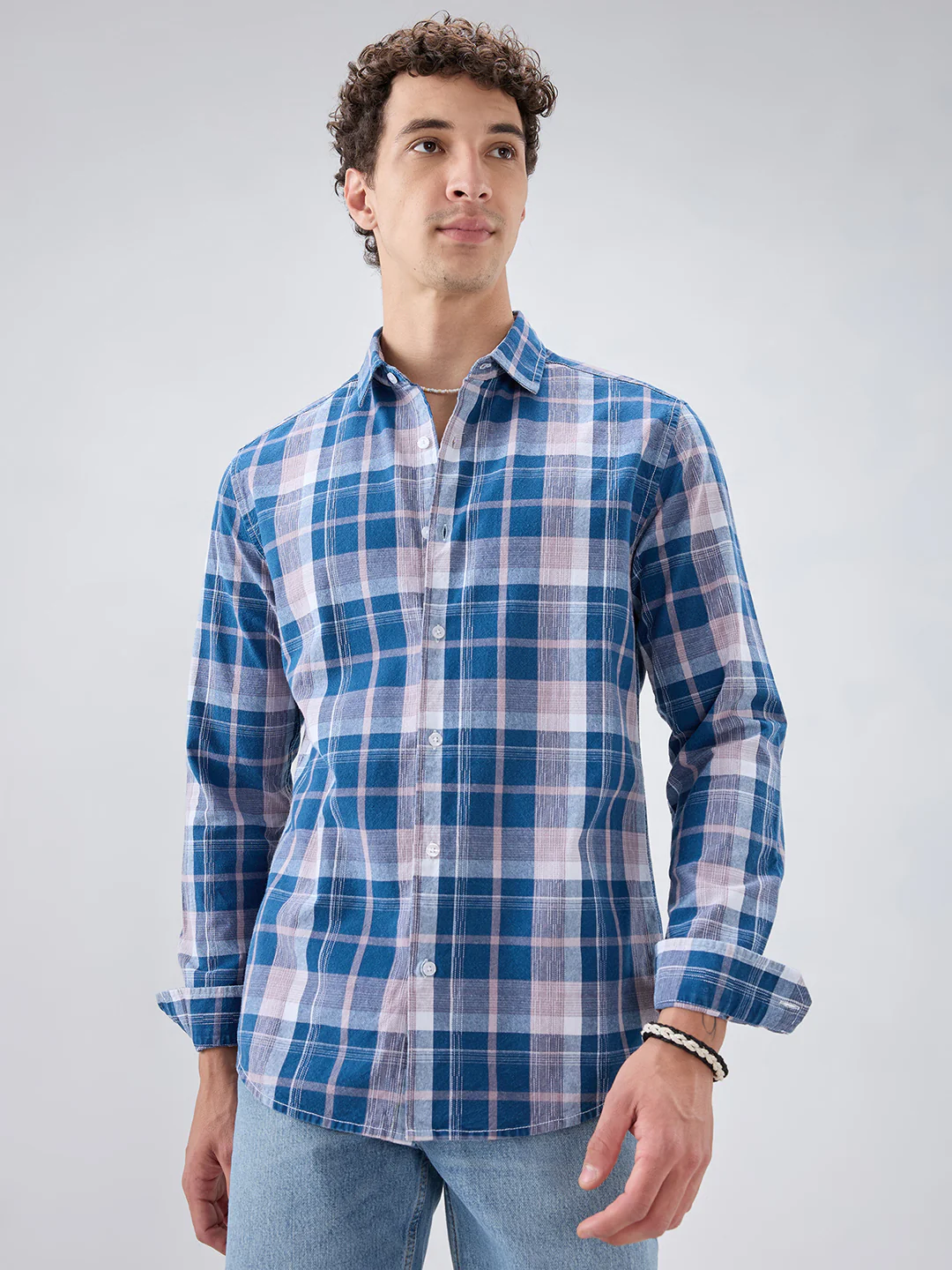 Denim Blue & Peach Multi Line Block Checks Shirt - Image 4