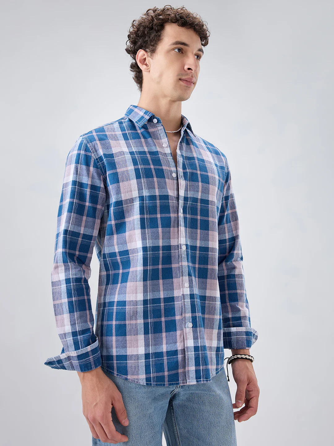 Denim Blue & Peach Multi Line Block Checks Shirt - Image 5