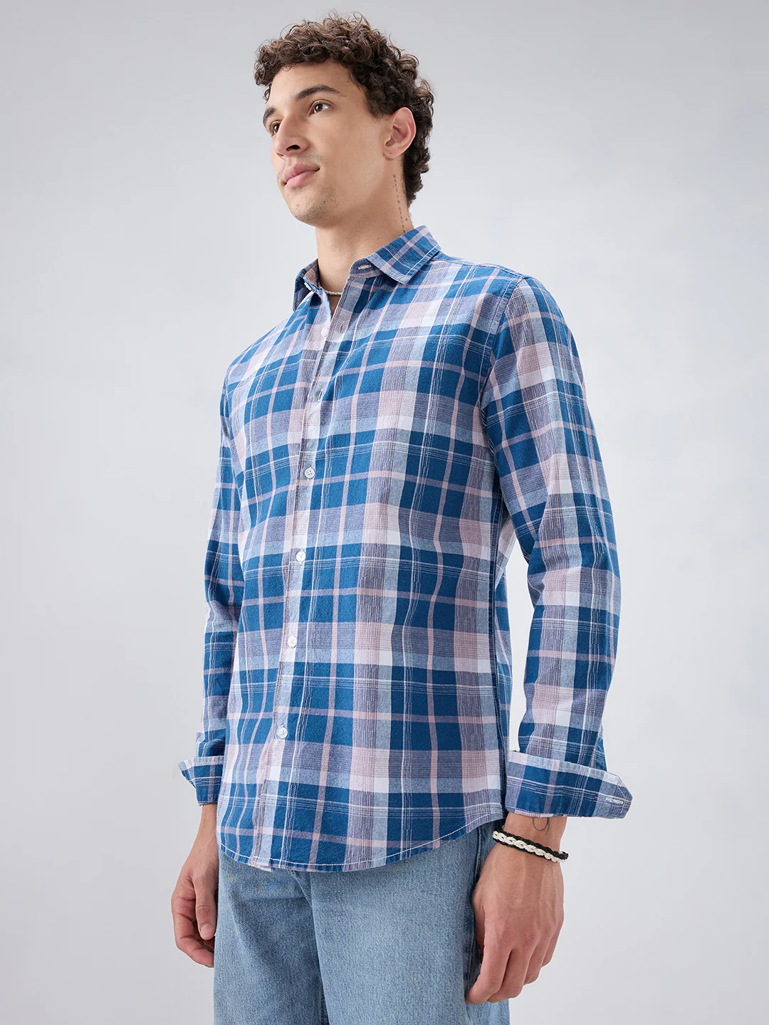 Denim Blue & Peach Multi Line Block Checks Shirt - Image 6
