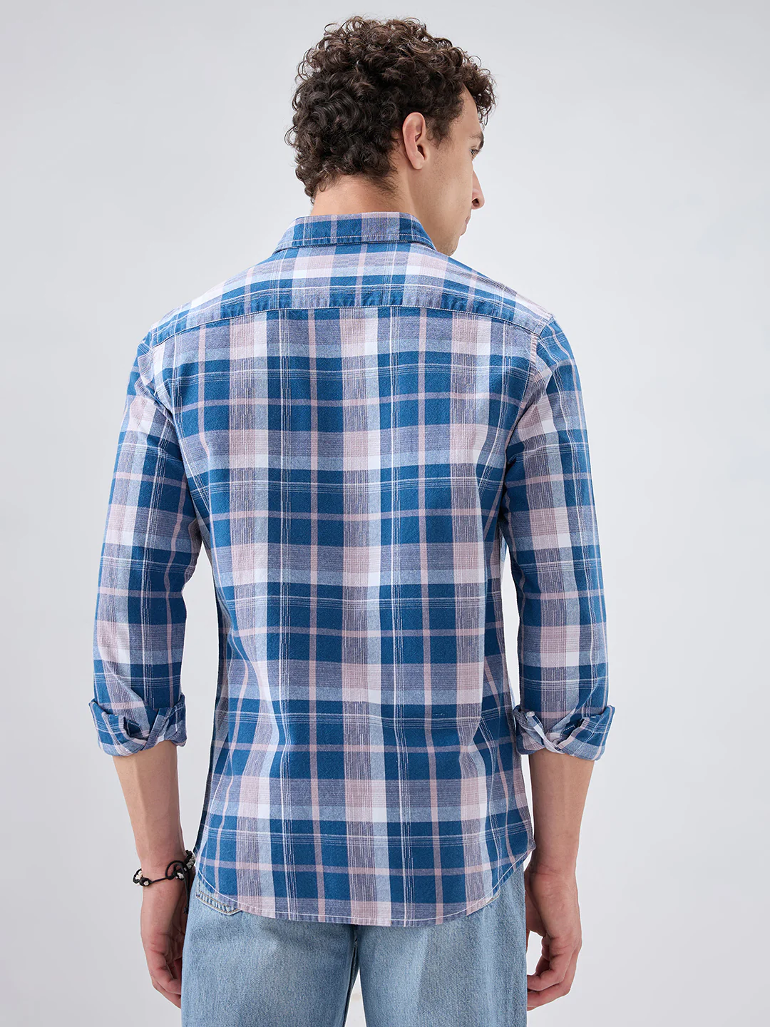 Denim Blue & Peach Multi Line Block Checks Shirt - Image 7
