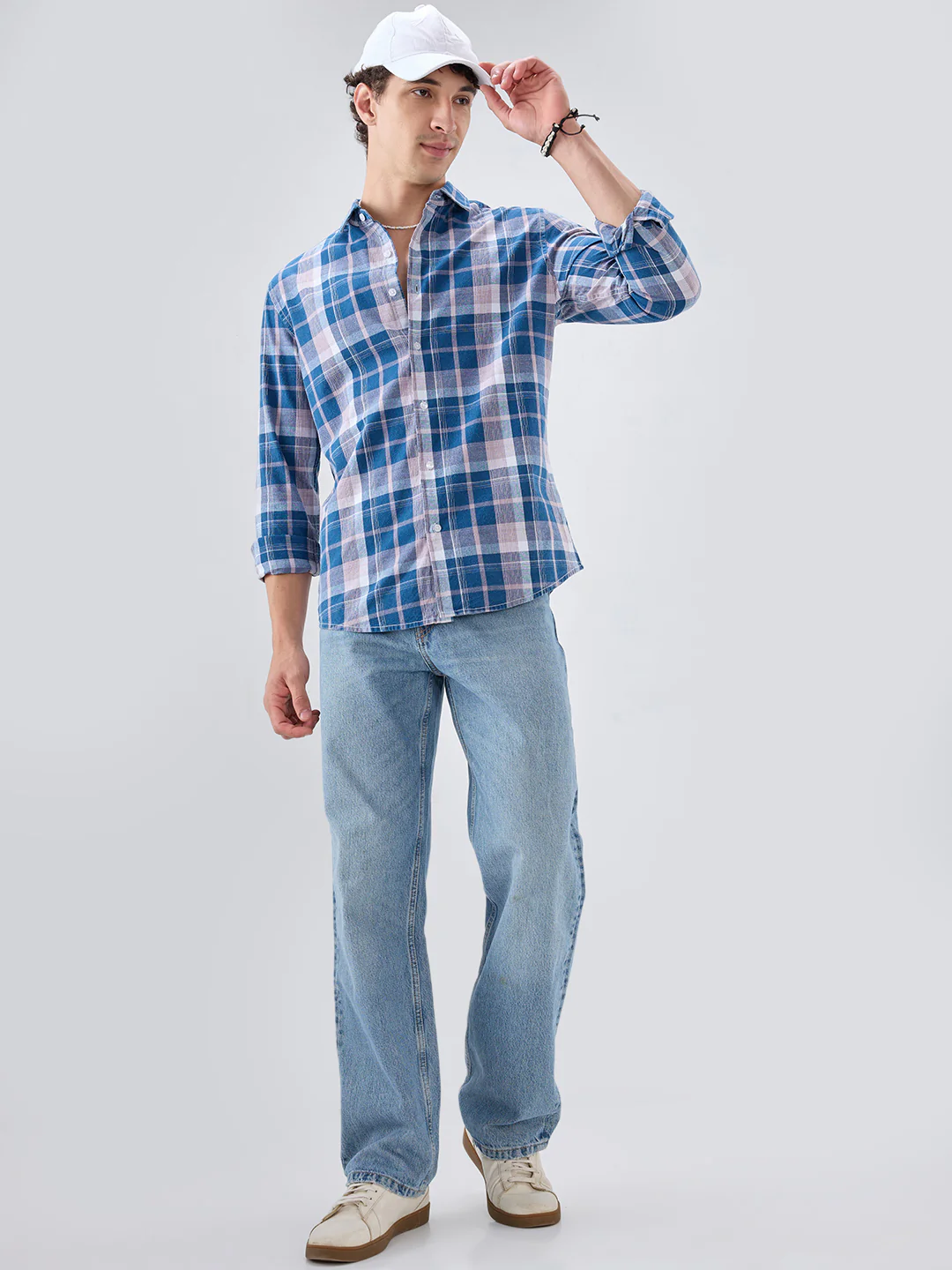 Denim Blue & Peach Multi Line Block Checks Shirt - Image 8