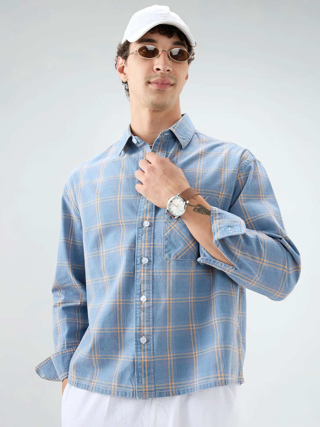 Denim Blue & Yellow Multi Line Checks Boxy Fit Crop Shirt - Image 4