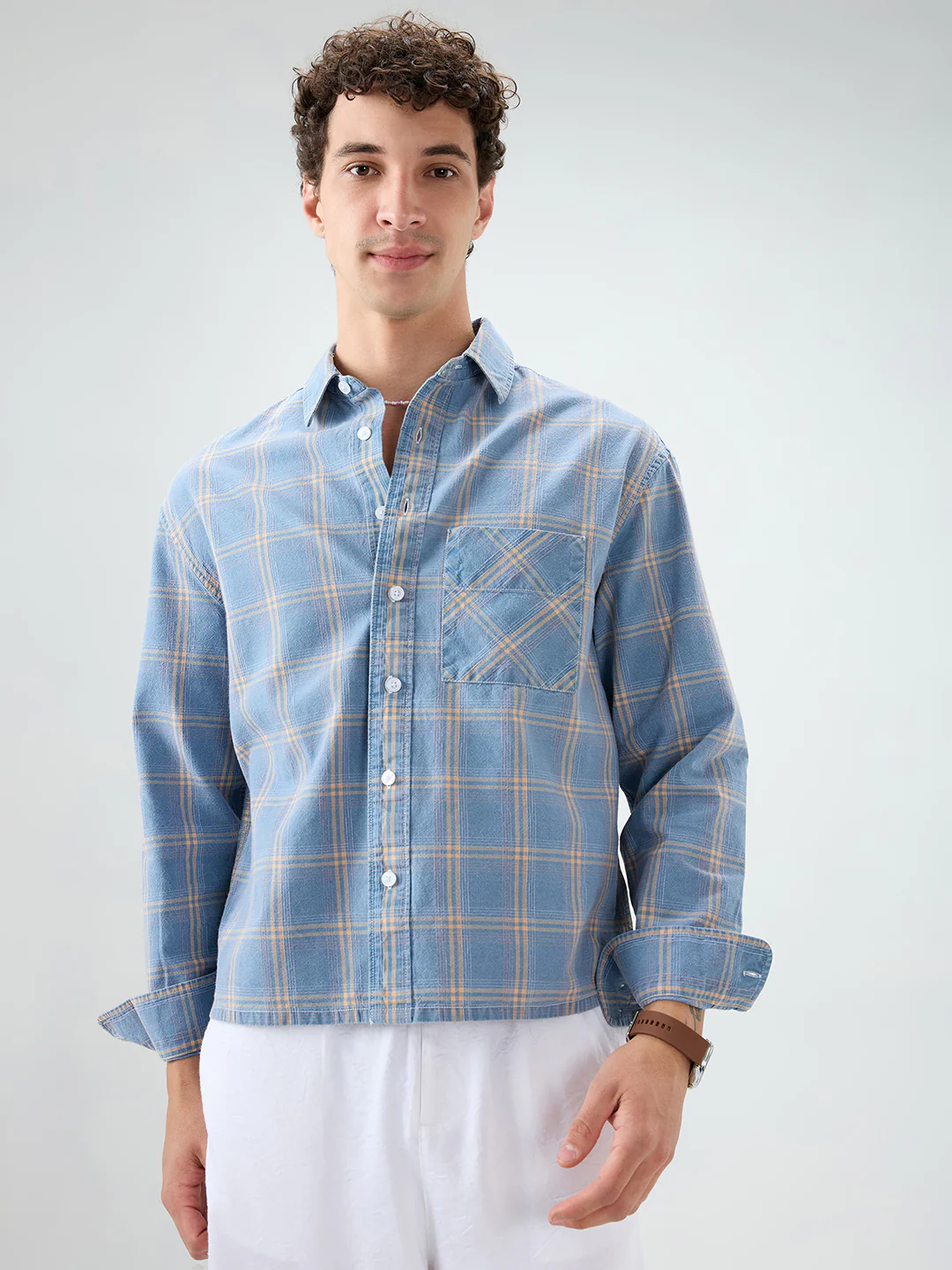Denim Blue & Yellow Multi Line Checks Boxy Fit Crop Shirt - Image 5
