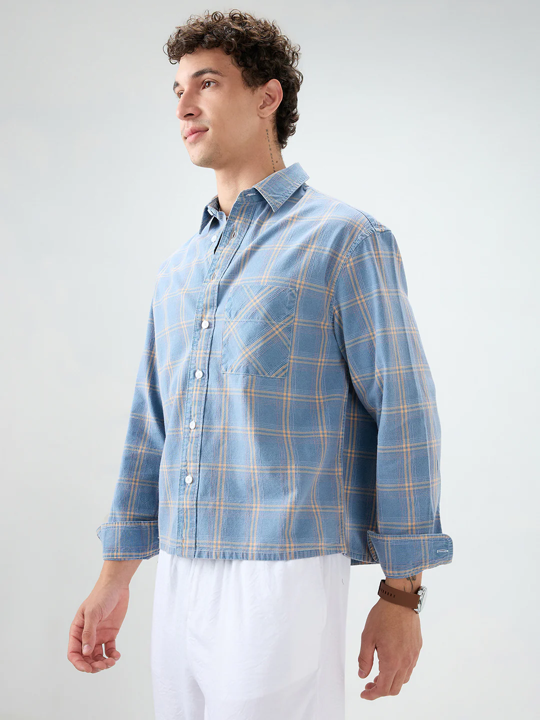 Denim Blue & Yellow Multi Line Checks Boxy Fit Crop Shirt - Image 6