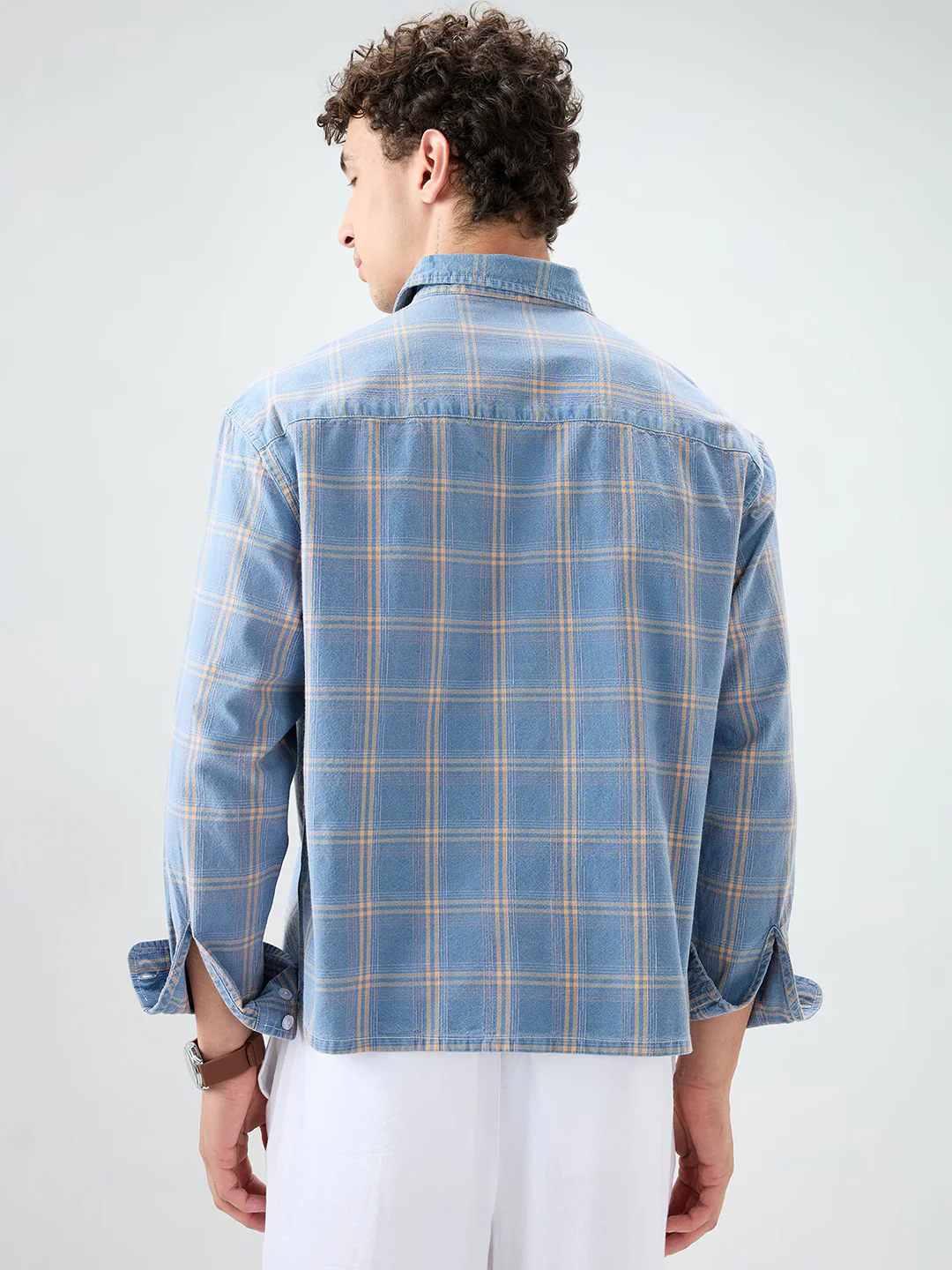 Denim Blue & Yellow Multi Line Checks Boxy Fit Crop Shirt - Image 7