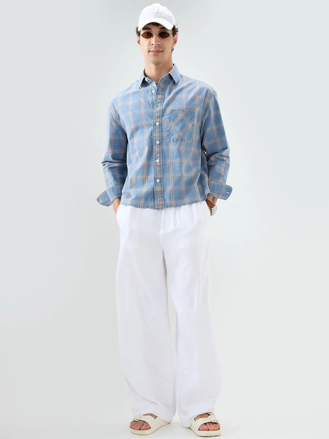 Denim Blue & Yellow Multi Line Checks Boxy Fit Crop Shirt - Image 8