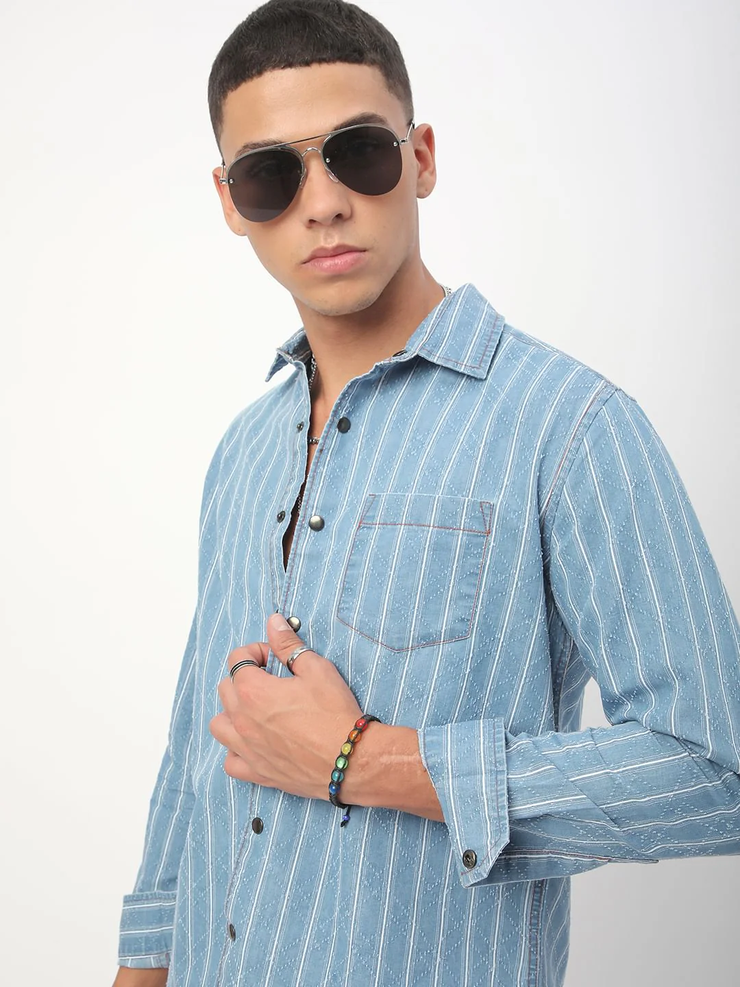Denim Ditsy Laser Cut Lozenge Striped Shirt - Image 4