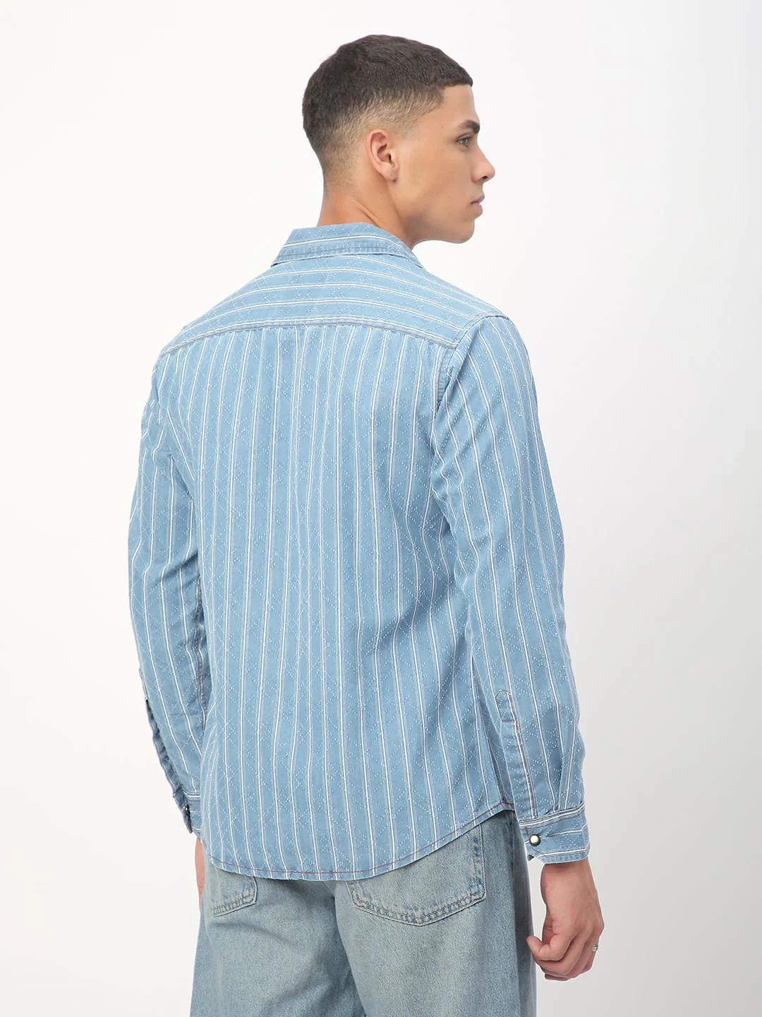 Denim Ditsy Laser Cut Lozenge Striped Shirt - Image 7