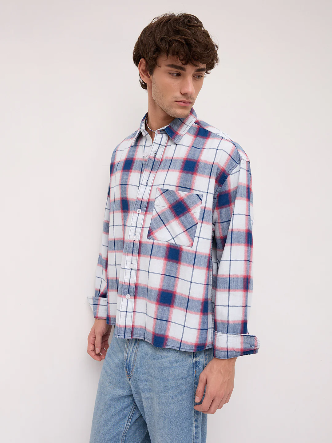 Denim Multi Tone Herringbone Checks Boxy Fit Crop Shirt - Image 6