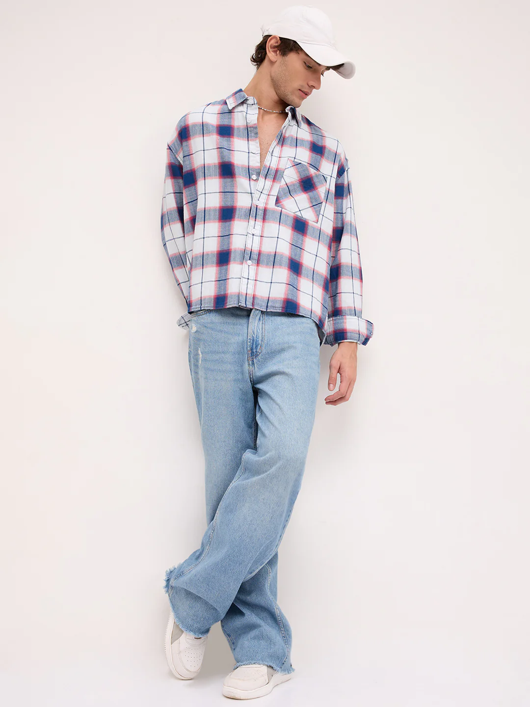 Denim Multi Tone Herringbone Checks Boxy Fit Crop Shirt - Image 8
