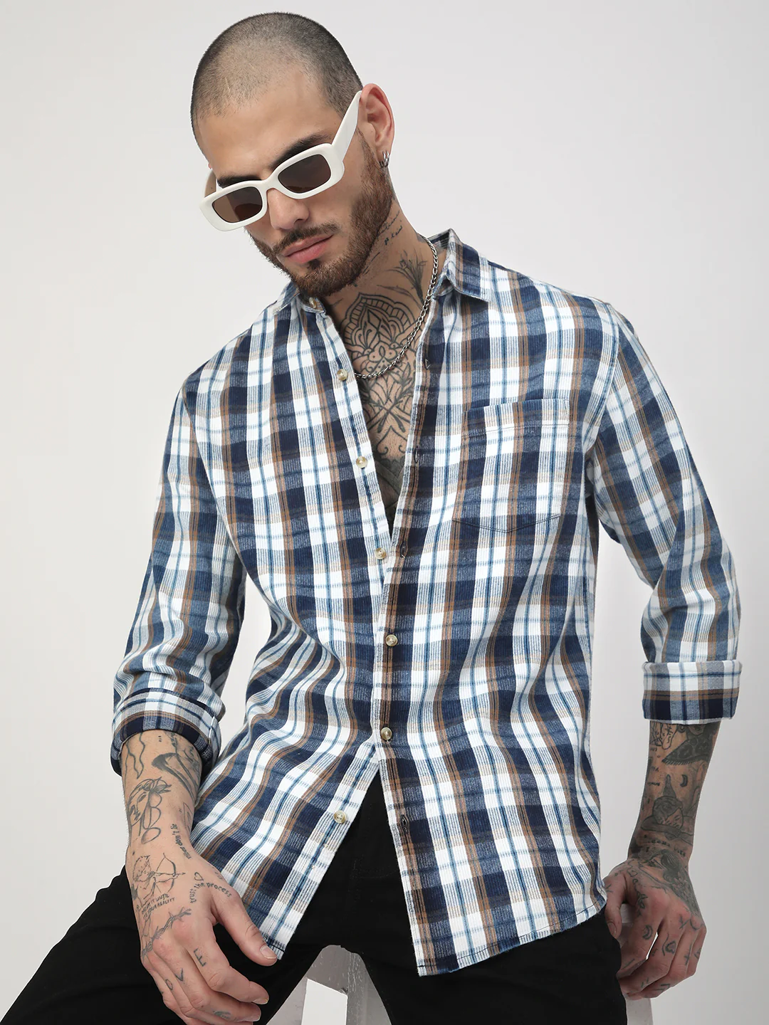 Denim White & Navy Plaid Checks Shirt - Image 2