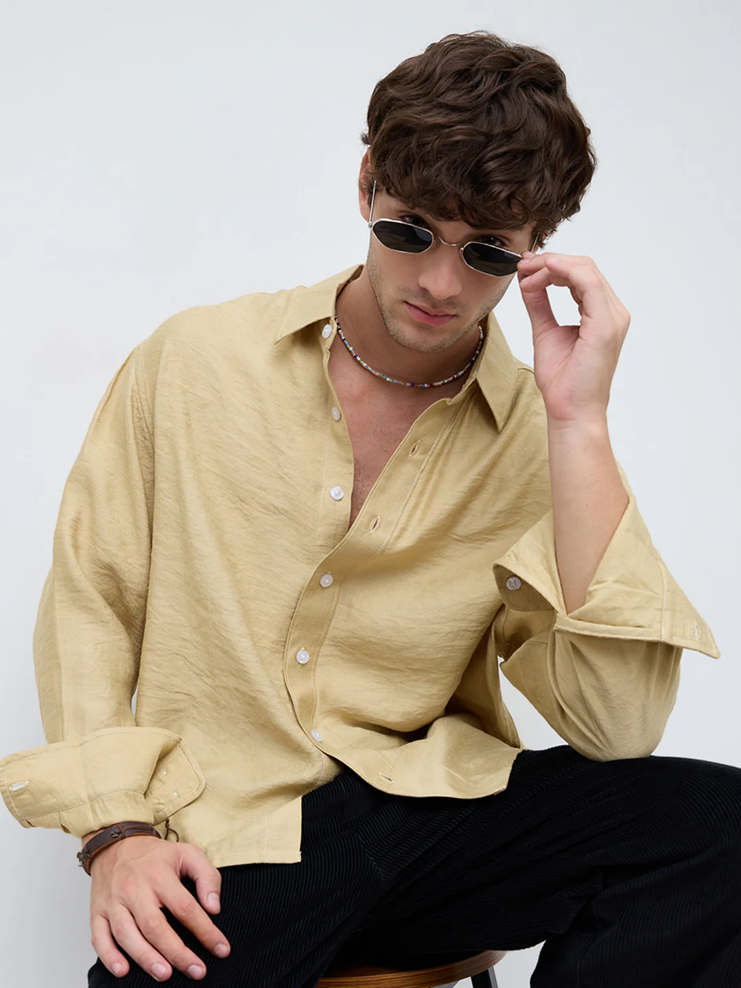 Dessert Gold Crinkled Boxy Fit Crop Shirt