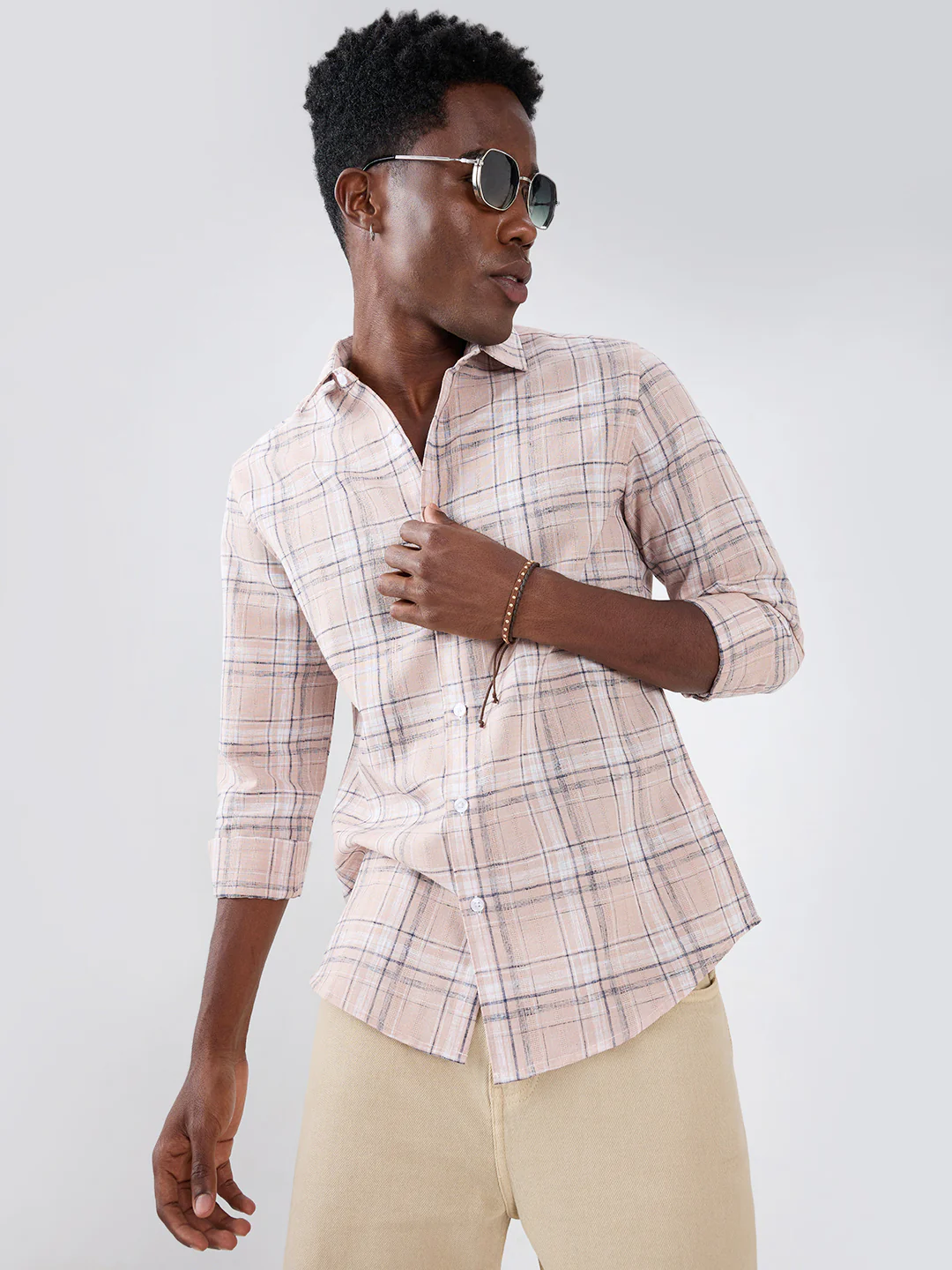 Dusty Pink Contrast Plaid Checks Textured Shirt